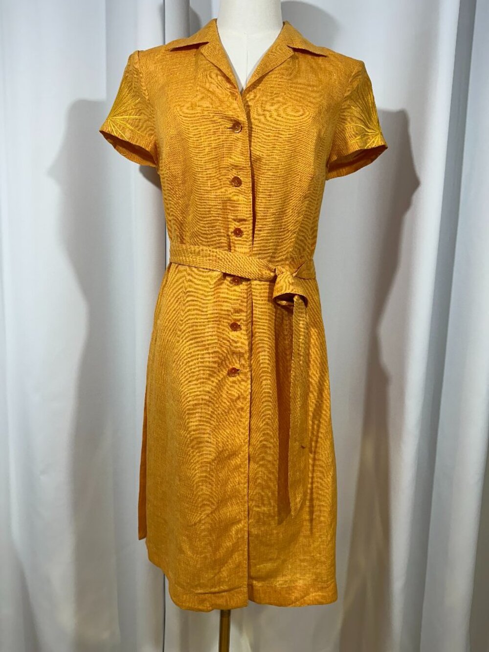 Escada Mustard Linen Blend Shirt Dress Sz 38 Designer Belted Embroidered Sleeve
